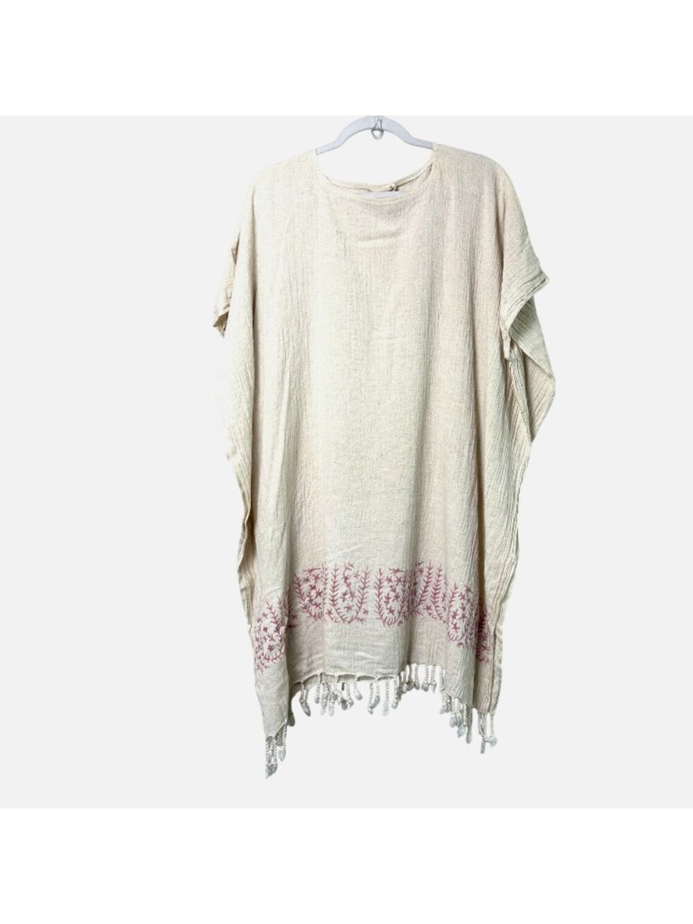 Buldano Poncho Tunic Top Beach Cover Up One Size Cream Pink Tassels Linen Cotton